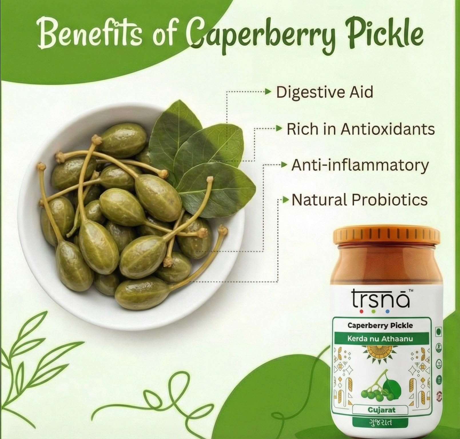 Trsna Caperberry Pickle 350 Grams | Kerda nu Athaanu | Authentic Gujarati Flavour | Traditional Indian Pickle with Raw Mangoes & Tangy Caperberries | Premium Gourmet Achaar Made in Gujarat 1