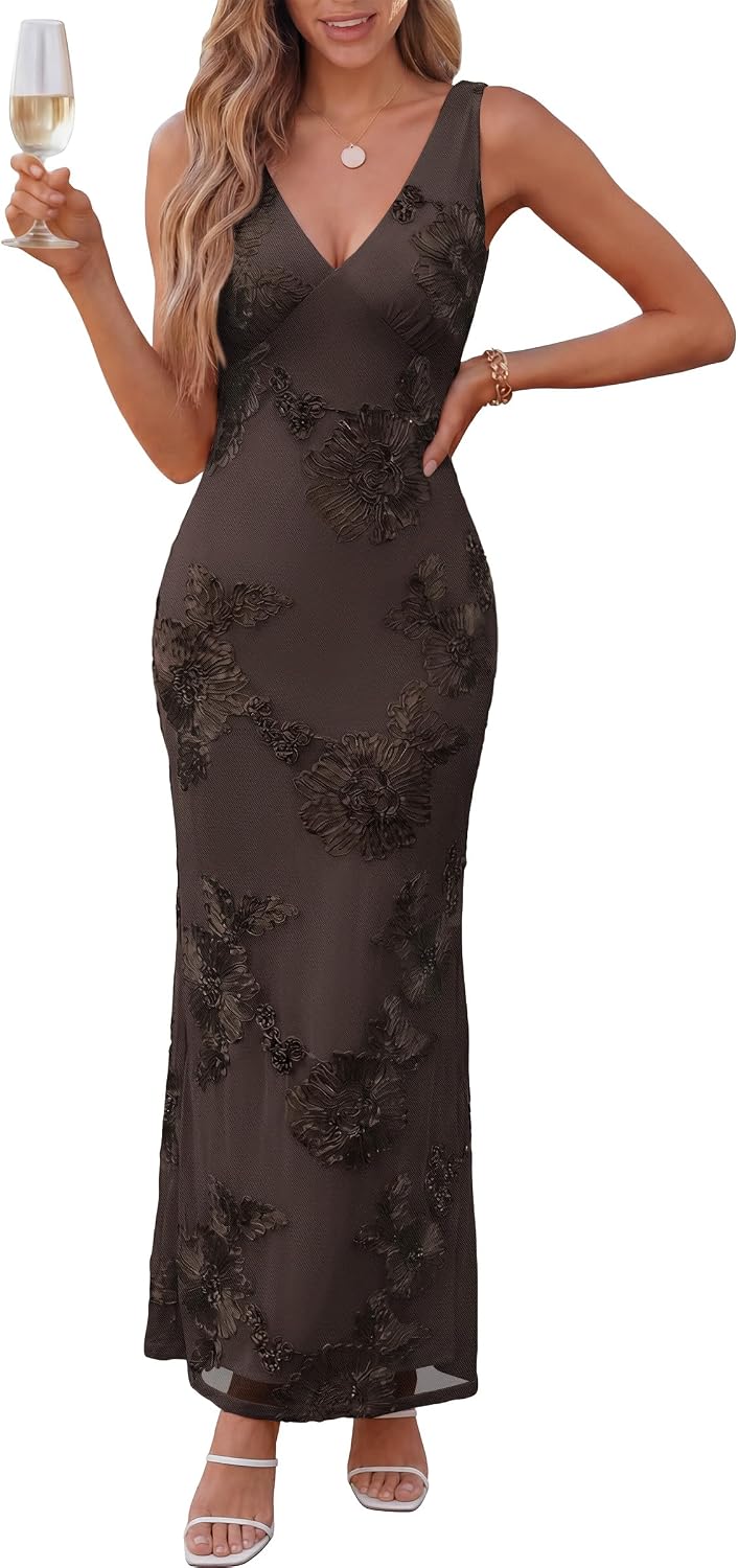 Caracilia Women Embroidered Floral Wedding Guest Formal Dress | Sleeveless Deep V Neck Bodycon Maxi Dress, Soft Mesh with Full Lined, Cocktail Prom Party Evening, Elegant & Sexy Events Wear