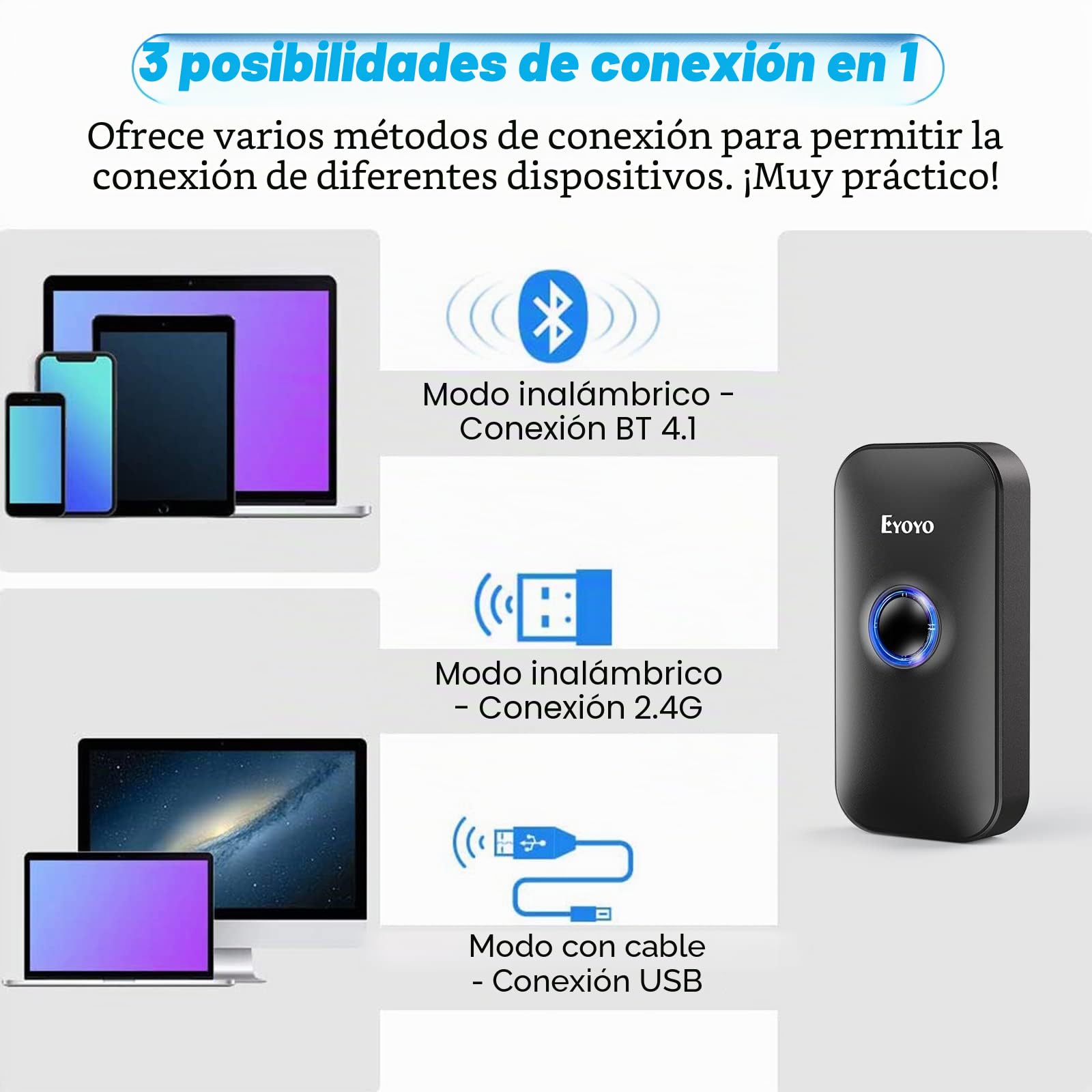 Eyoyo Escáner de códigos de Barras Mini Bluetooth 2D, 3 en 1, Cable USB 2,4 G, inalámbrico/Bluetooth, Lector de códigos de Barras portátil 1D, QR