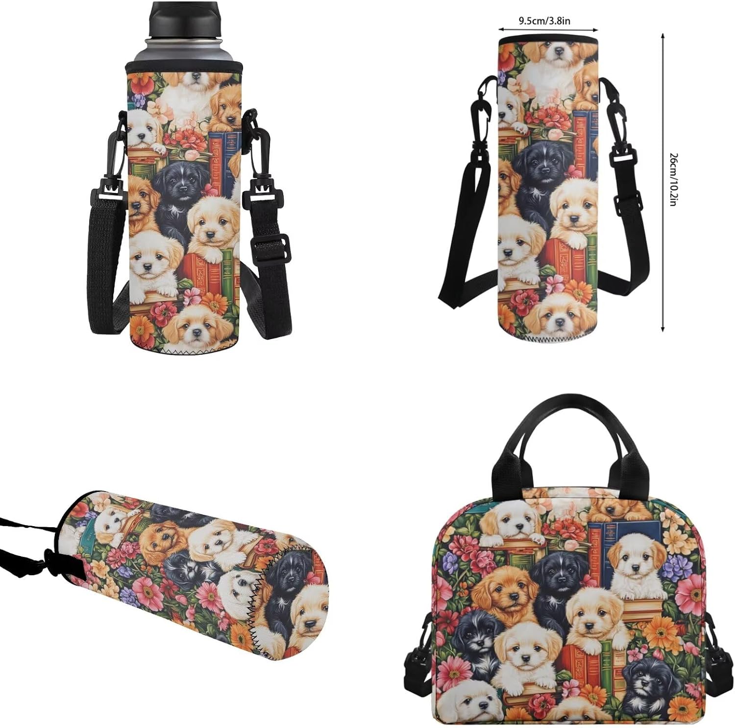WELLFLYHOM Puppy Dog Kids School Backpack Elementary Book Bag for Girls Back Pack with Lunch Bag Pencil Case Water Bottle Cover Book Lover Kids Daycare Backpack Back to School Supplies