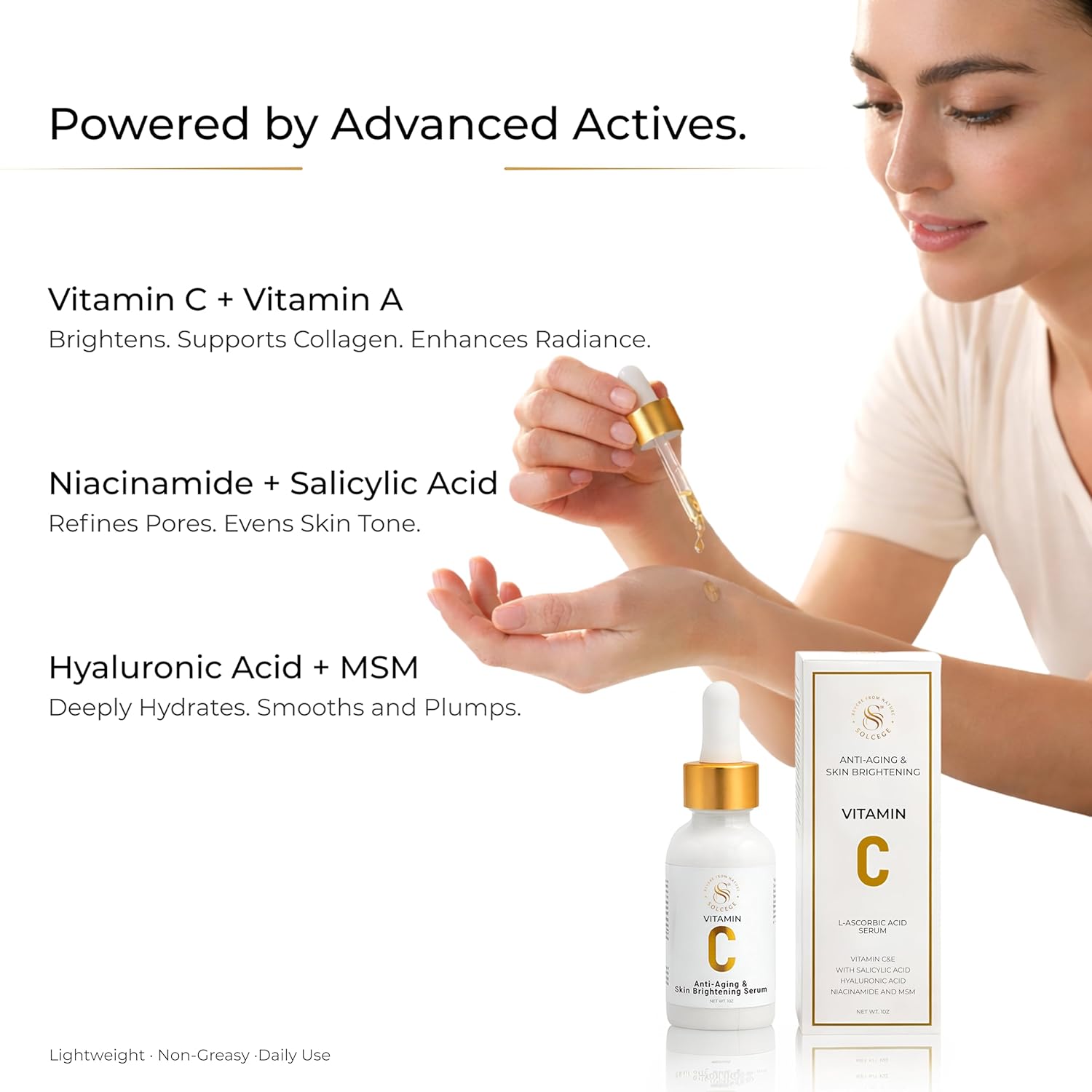 Vitamin C Serum for Face – Brightening & Dark Spot Corrector with Niacinamide, Antioxidant, Retinol & Salicylic Acid, Anti Aging for Uneven Skin Tone & Fine Lines, Hyaluronic Acid & MSM,1 oz.