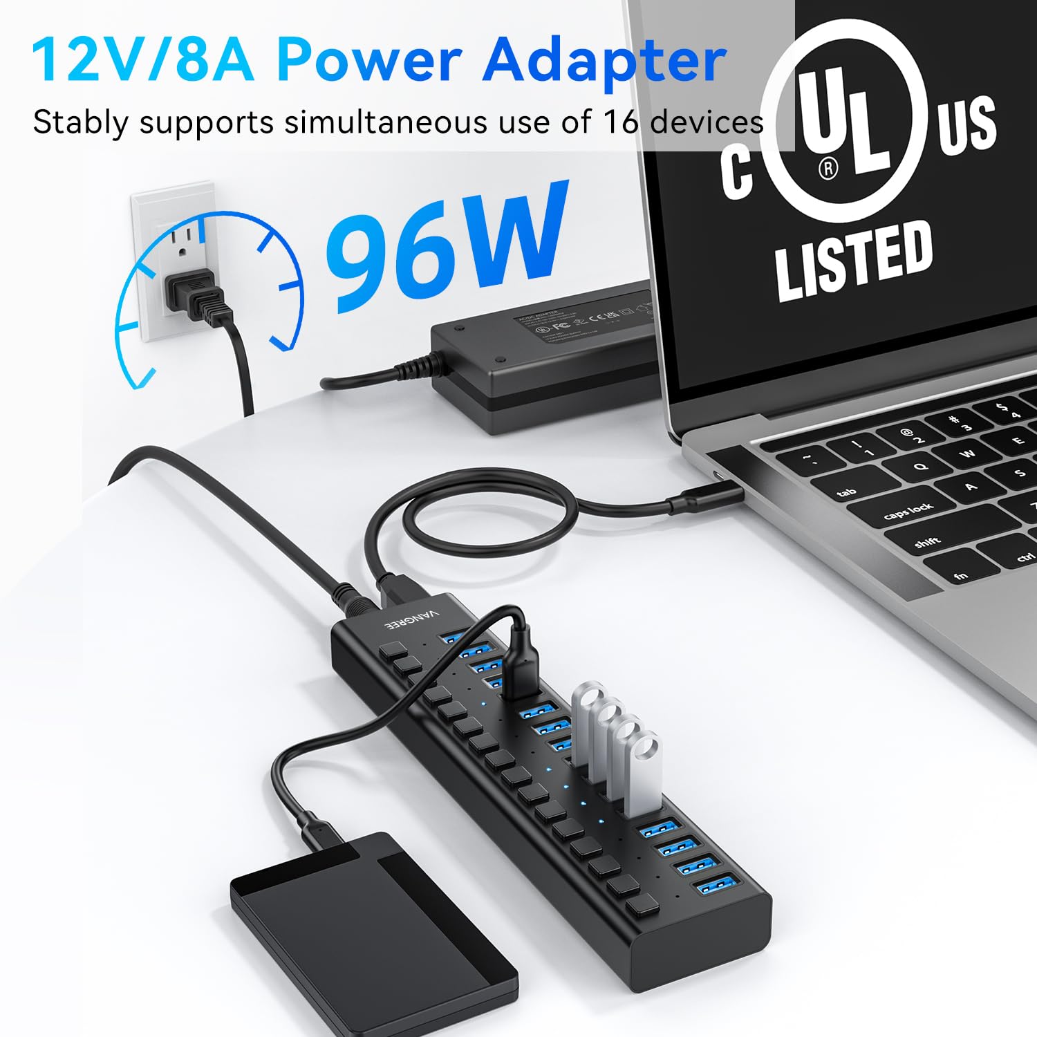 Hub USB 10 Gb/s, 16 portów 96 W, koncentrator USB 3.2, indywidualne przełączniki on/off, adapter zasilania 12 V/8 A, rozdzielacz USB 3.2 do laptopa, komputera, przenośnego dysku twardego, dysku Flash