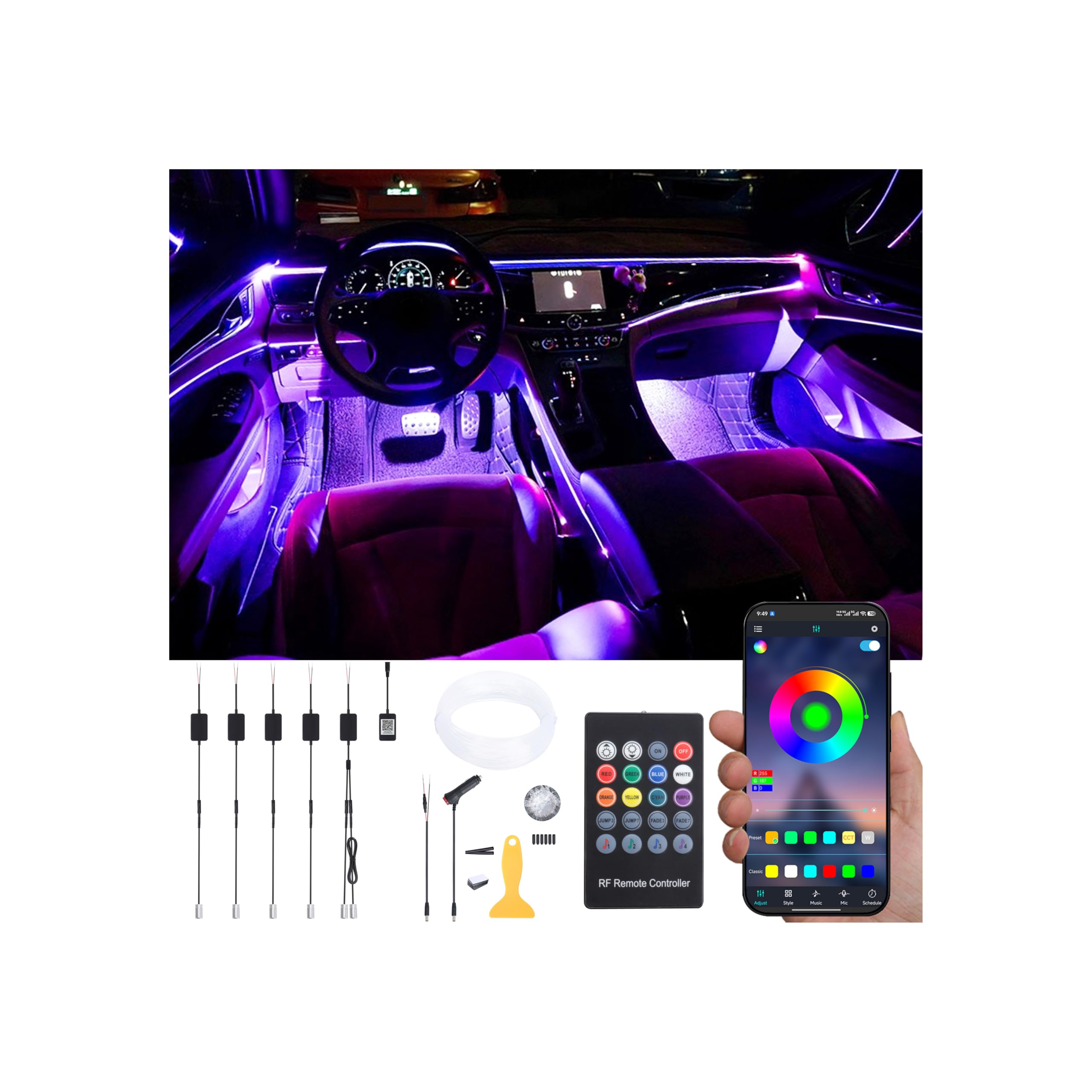 Auto Innenraum Umgebungsbeleuchtung Glasfaser RGB 64 Farben Mehrfarbig Musik Auto Fußraum Beleuchtung Kit mit Zigarettenanzünder und App Mikrofon, DC 12V-24V 1W 8m