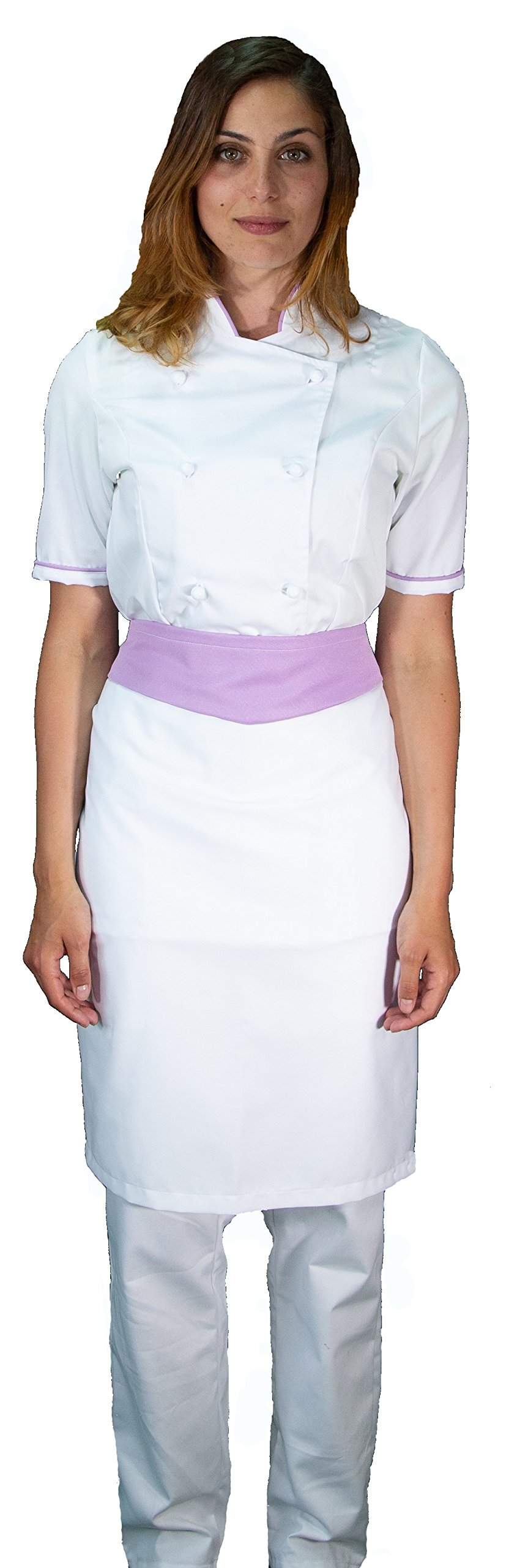 RICAMO GRATUITO - Divisa Cuoco Donna - Bianca e Lilla - 3PZ - Giacca Manica Corta, Pantalone e Grembiule - Completo per Cucina e Ristorante - Made in Italy
