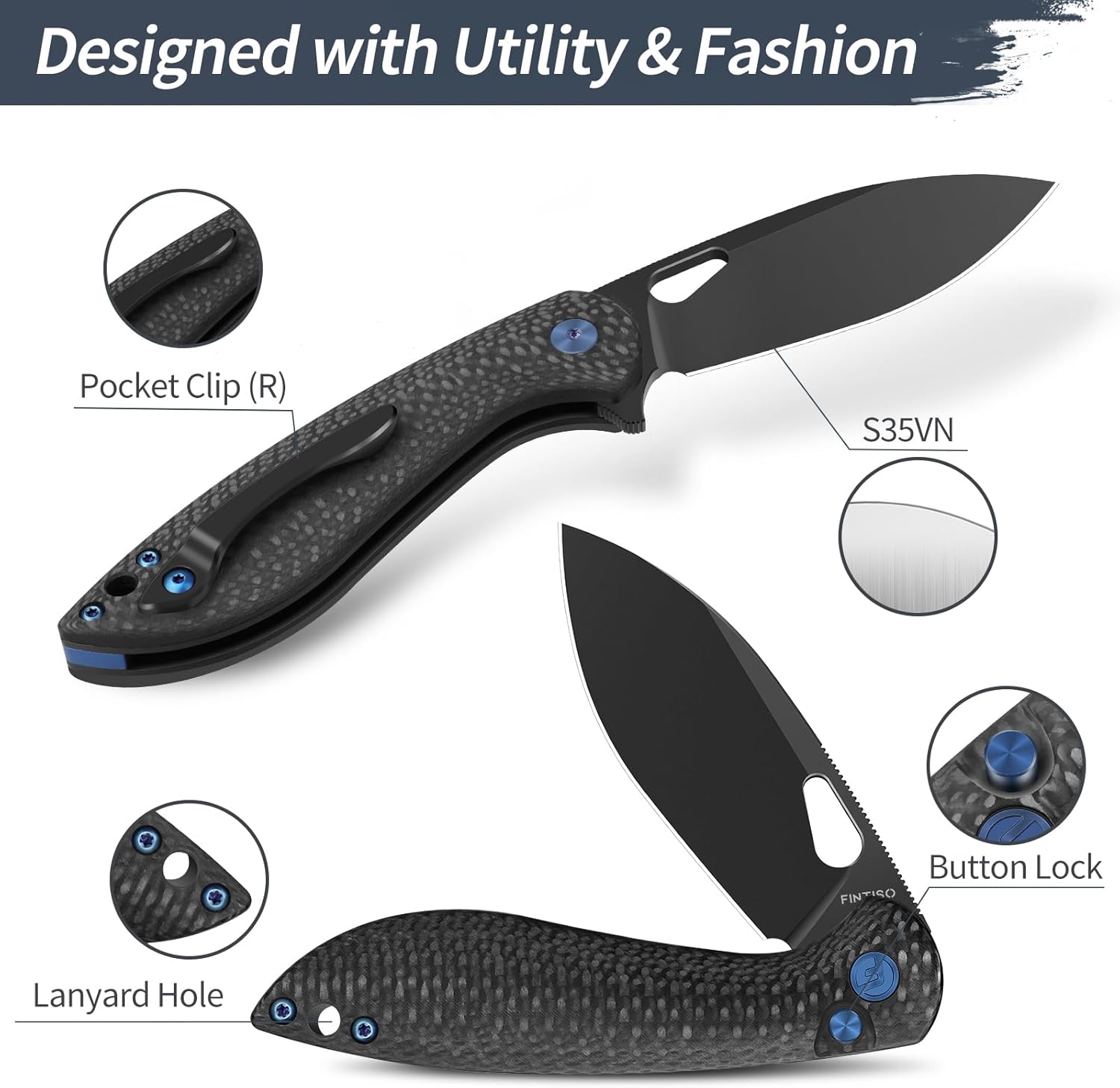 FINTISO Pocket Knife, 3.1" Unique S35VN Blade Folding Knife with Button Lock, EDC Knife with Carbon Fiber Handle for Camping, Survival, Best Gift for Men Women-COBRA series