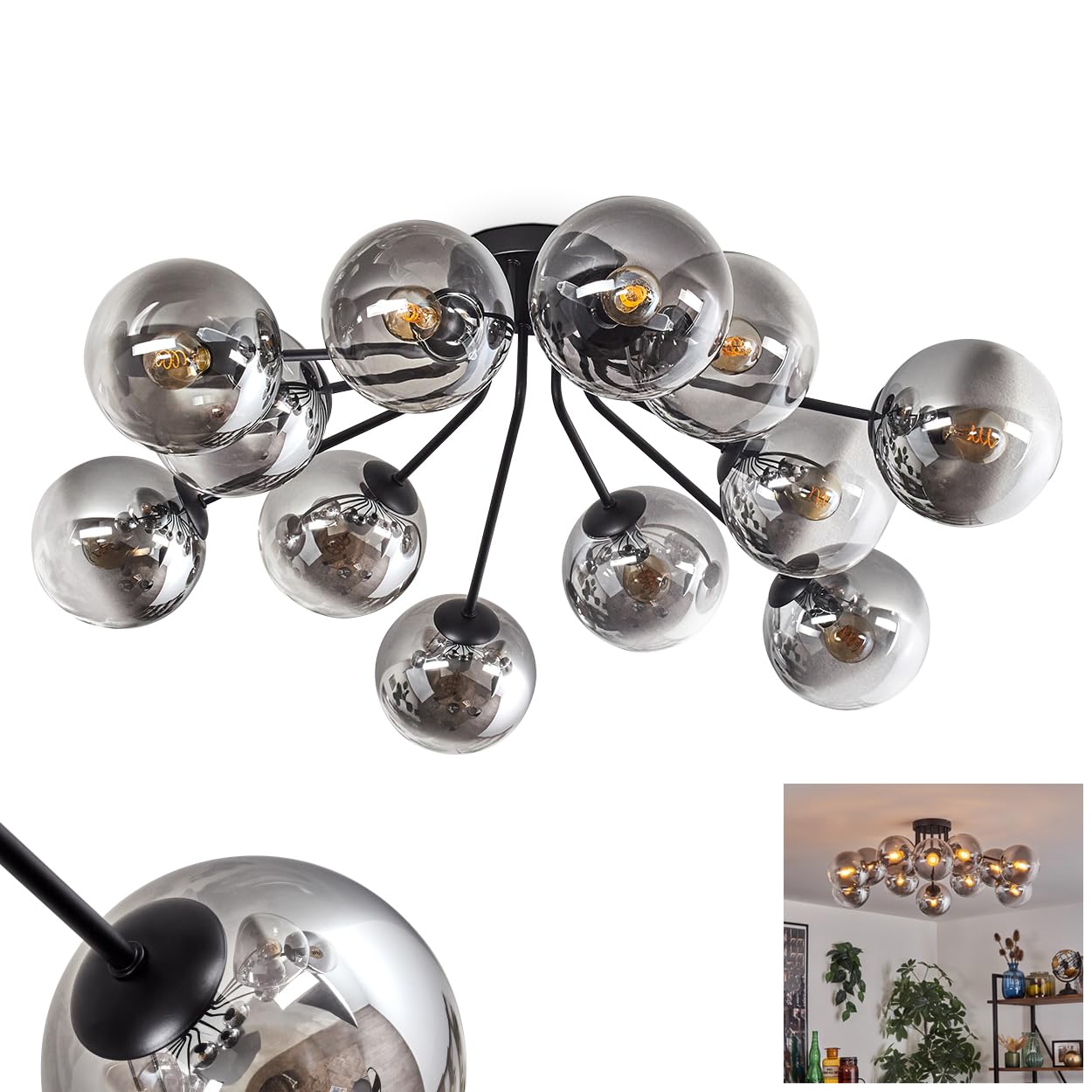 HOFSTEIN Gastor Ceiling Light, Metal and Glass Ceiling lamp in Black, Smoke and Clear, Modern Retro/Vintage Design with Glass Shades (Ø 15 cm), 12 x E14, Without Light Source