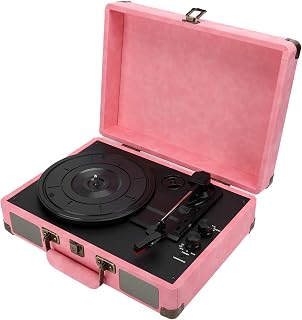 Vinyl Record Player Bluetooth 5.0 Turntable with Built in Stereo Speakers Suitcase Design Retro Vintage Phonograph, 3 Speed, Support 7 inch, 10 inch, 12 inch Vinyl Record, Film Record(pink UK)