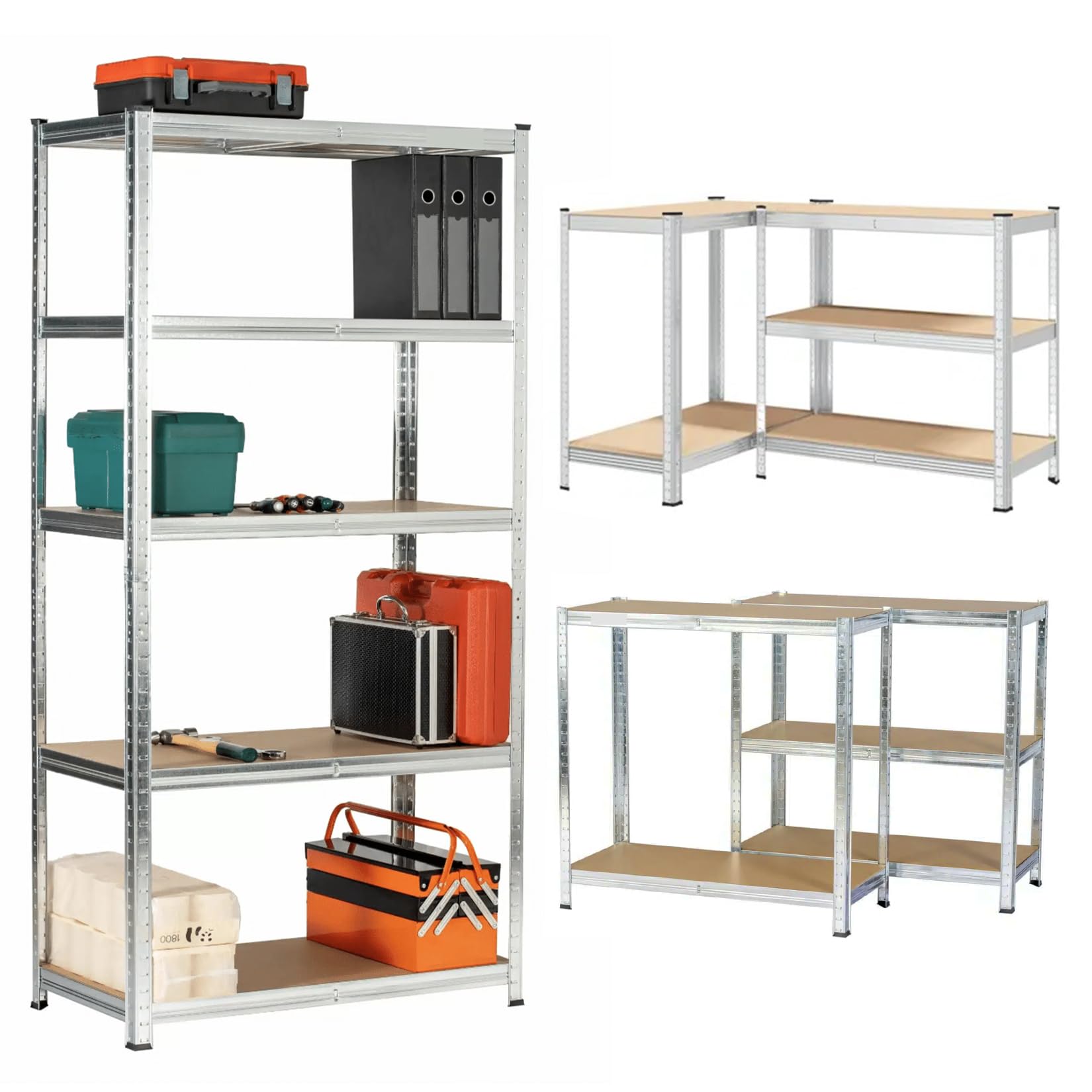 RYDR 5 Tier Heavy Duty Shelving Unit – 180 x 90 x 45cm Storage Shelves, Garage Shelving Units for Storage, Adjustable Metal Storage Unit with MDF Shelf Boards, Work Bench & Rack (Silver)