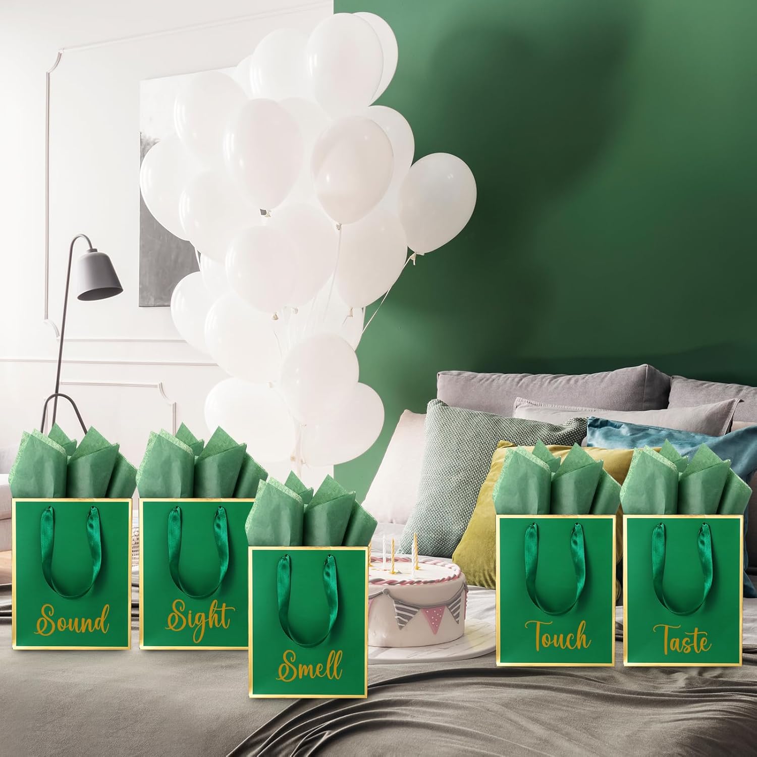 Yeaqee 10 Pack Metallic Paper Gift Bags with Handles Tissue Paper Thank You 5 Senses Gift Bag for Birthday Wedding Baby Shower Groomsmen Bridal Anniversary Favor 9 x 7 x 3.15''(Green, Gold) - Image 7