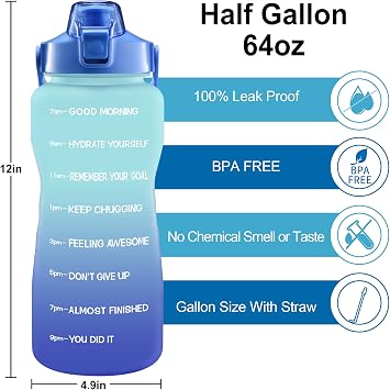 EYQ 64oz/128oz Leakproof Free Drinking Water Bottle with Motivational Time Marker BPA Free for Fitness, Gym and Outdoor Sports