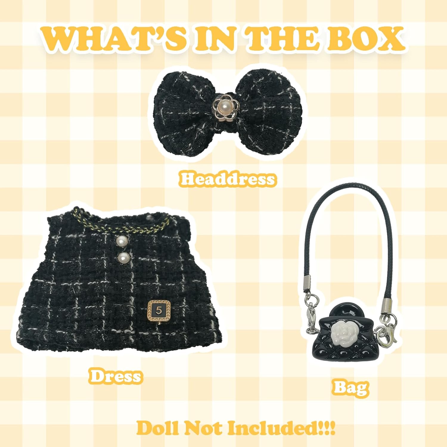 Clothes Compatible with Labubu Doll, Labubu Outfit Set - Black and White Knitted Skirt+Bow Tie Hairpin+Crossbody Bag for Labubu Dolls, Accessories Set for 17cm Labubu Doll, No Doll(Coco Night Set)