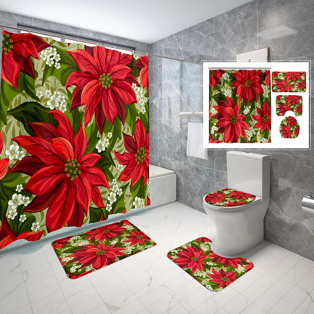 4 Piece Christmas Poinsettia Flower Shower Curtain Waterproof Red Christmas Wonderful Victorian Pointsetta Bathroom Sets with Non-Slip Rugs, Toilet