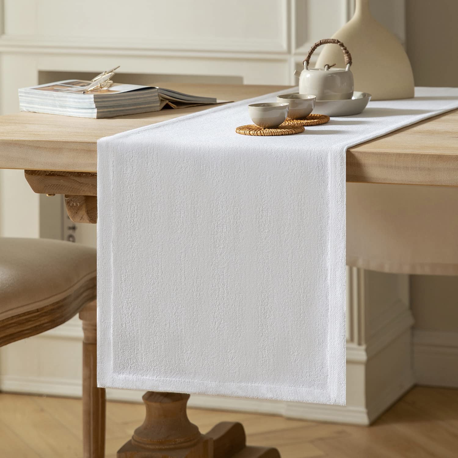 ZeeMart Burlap Style Farmhouse Table Runners 36 Inches Long, White Rustic Woven Dining Table Runner for Everyday Use, 14x36 Inches, White โ image 1