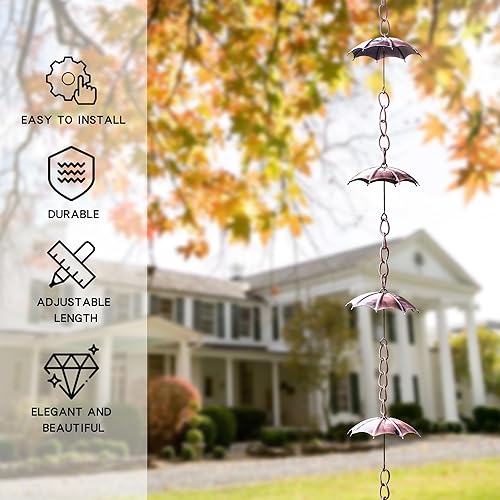 Miniatura 3 de Cadenas de lluvia de metal decorativas para paraguas de 72 pulgadas para el hogar, jardín, patio, decoración al aire libre, cadena de lluvia