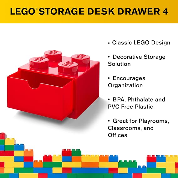 Room Copenhagen LEGO Storage Brick 4 Desk Drawer, 4-Stud Stackable Tabletop Storage Box, 6.2 x 6.2 x 4.4 In, Red | Stackable Storage Box for Desk Storage Kids Room, Office LEGO accessories Stackable Organizer