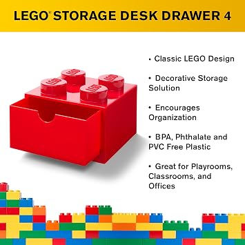 Room Copenhagen LEGO Storage Brick 4 Desk Drawer, 4-Stud Stackable Tabletop Storage Box, 6.2 x 6.2 x 4.4 In, Red | Stackable Storage Box for Desk Storage Kids Room, Office LEGO accessories Stackable Organizer