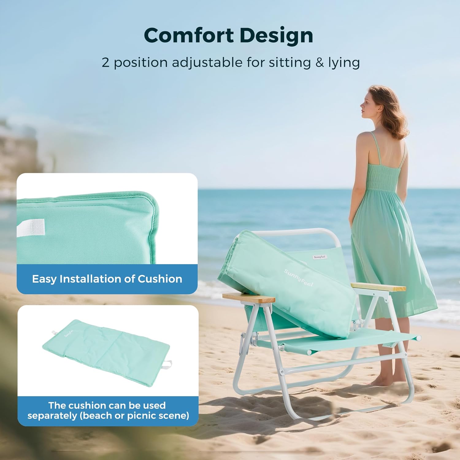 SUNNYFEEL Foldable Beach Chair, Beach Chair Backup with Wood Armrest & Cushion, Lightweight Camping Chair Heavy Duty for Beach, Camping, Lawn, Outdoor, Mint Green, 2 p - Image 5