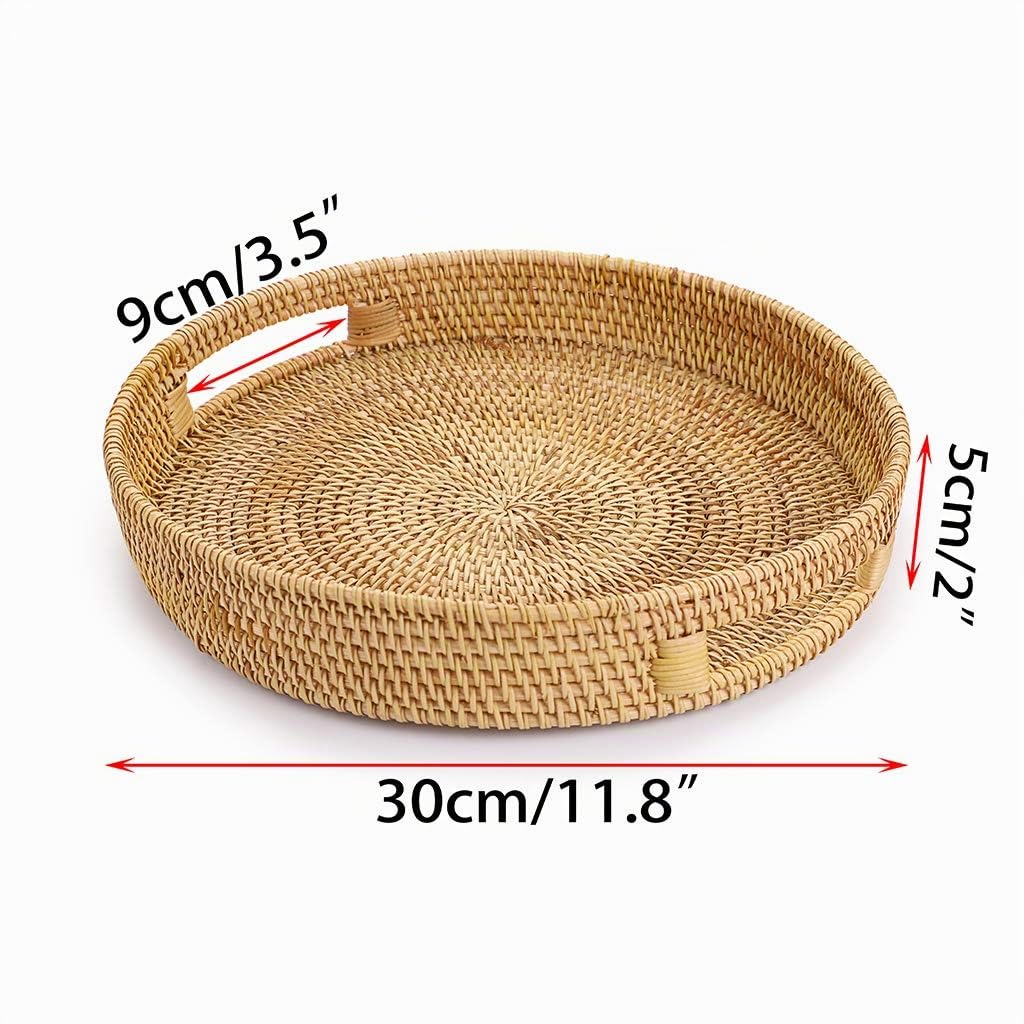 Sumnacon Vassoio rotondo in rattan con manico per caffè, bevande, colazione, tè, candele