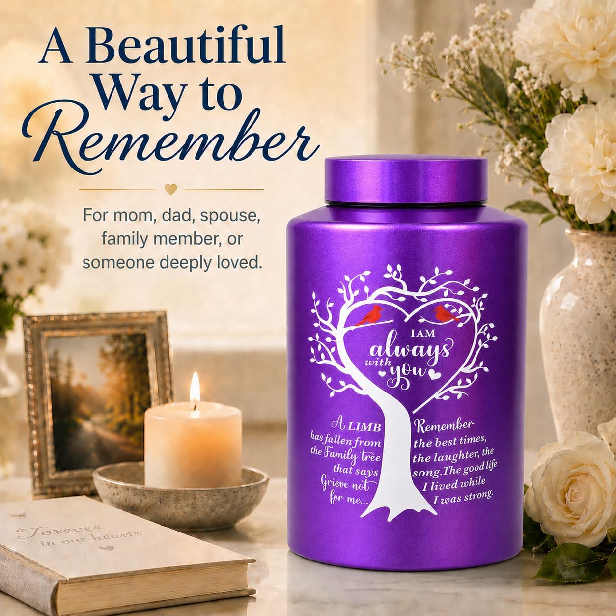 Large Purple Urns for Human Ashes Adult Female Man, Cardinal Bird Cremation Urns for Ashes Up to 220 lbs, Decorative Stainless Steel Funeral Burial Memorial Urn for Mom Dad Men Women