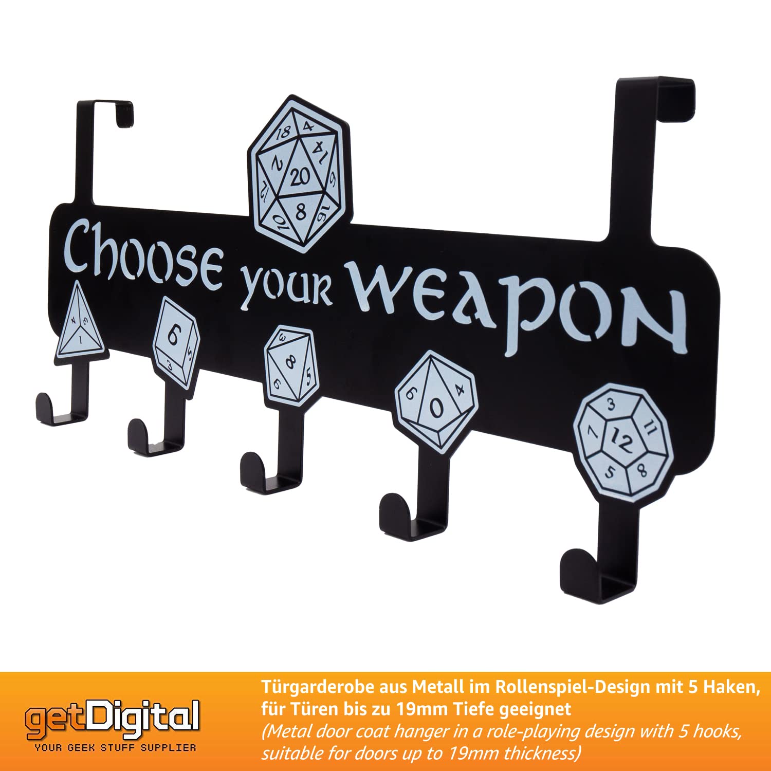 getDigital Choose Your Weapon Door Coat Rack, Stainless Steel Coat Rack with 5 Metal Hooks, RPG Fan Art Deco for Roleplayers - Image 4