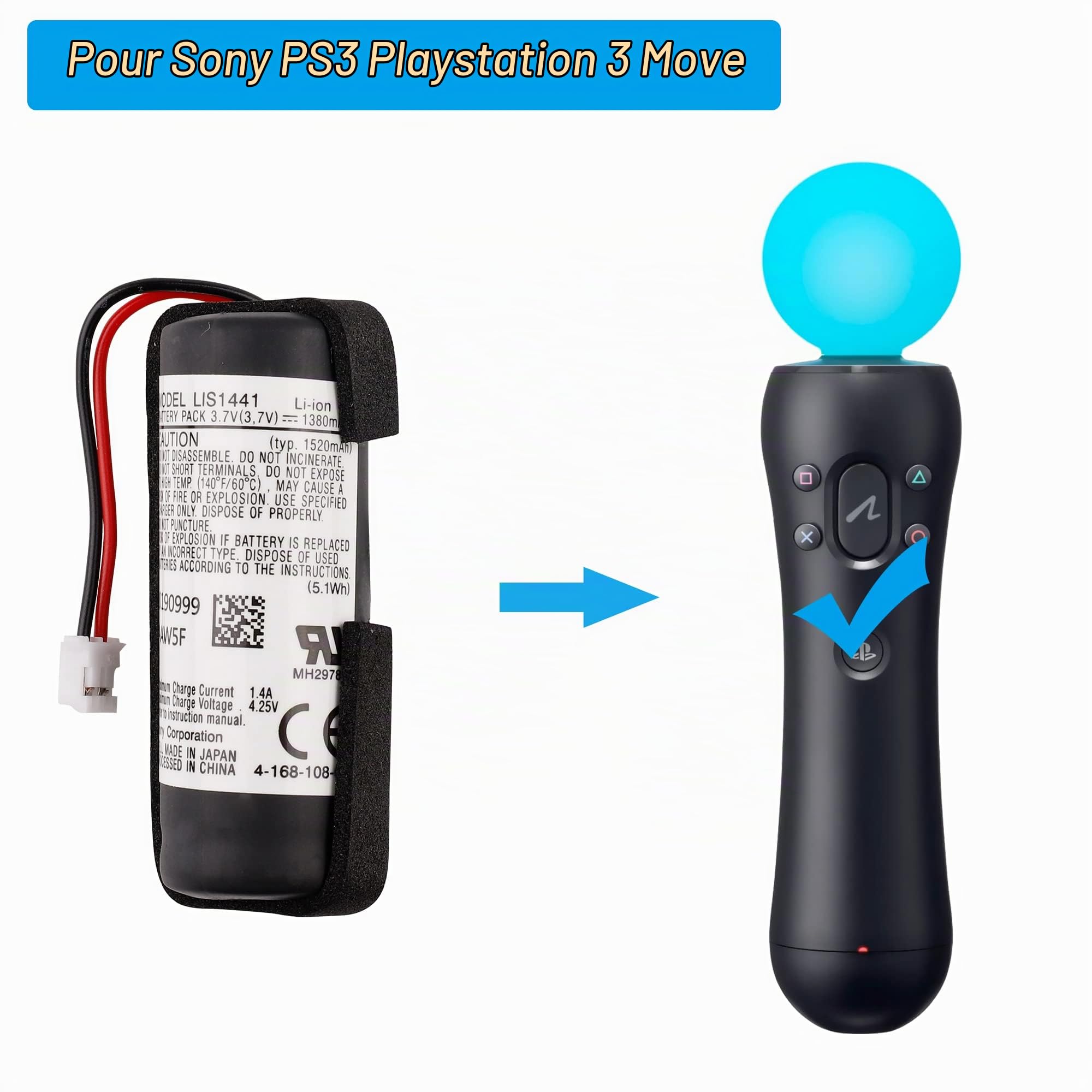 Batterie de rechange LIS1441 LIP1450 compatible avec Sony PS3 PlayStation 3 Move Motion Controller
