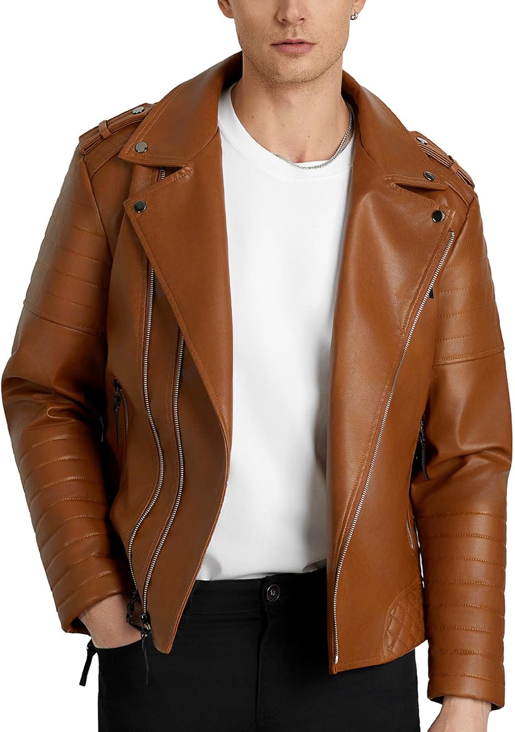 WULFUL Men's Leather Jackets, Faux Bomber Jacket for Men Motorcycle Lapel Asymmetric Zip-Up Slim Fit Biker Coat