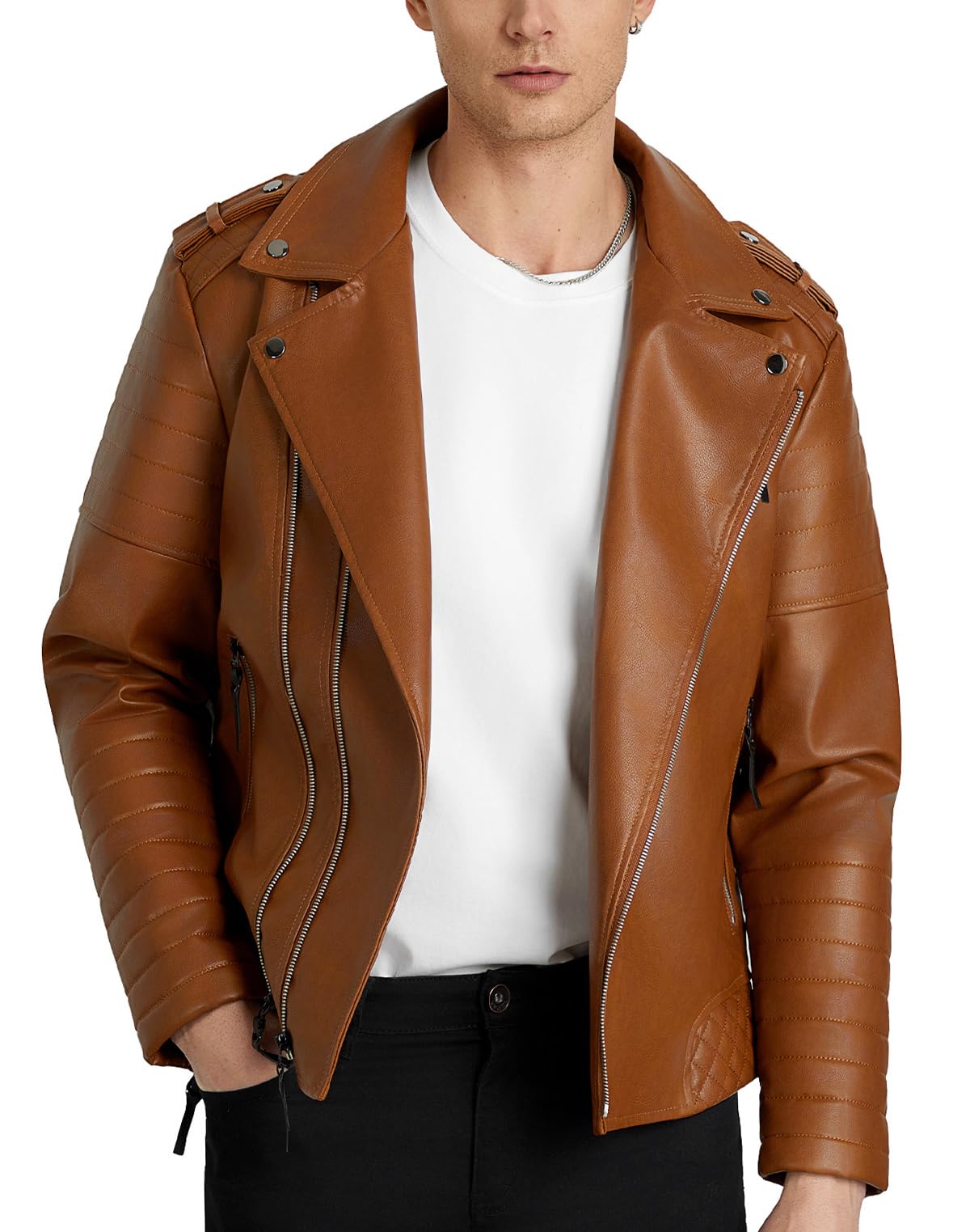 WULFUL Men's Leather Jackets, Faux Bomber Jacket for Men Motorcycle Lapel Asymmetric Zip-Up Slim Fit Biker Coat