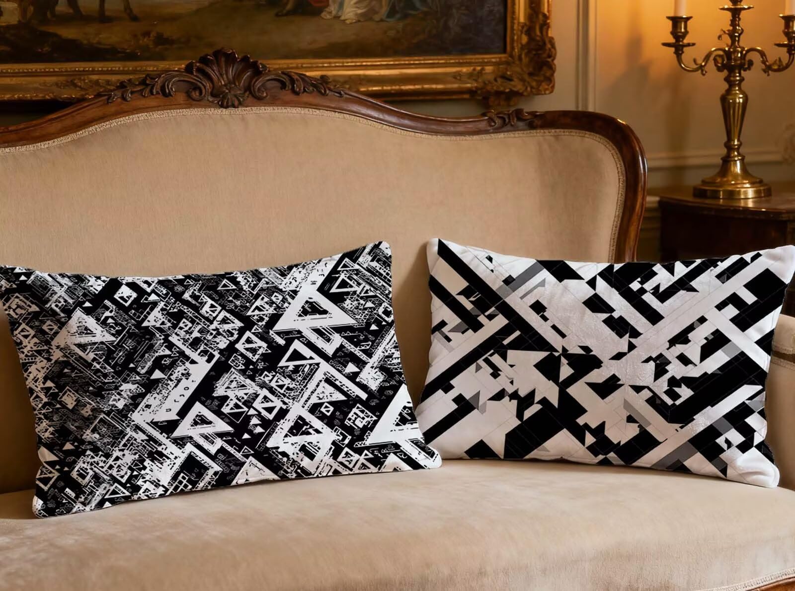 Housse de coussin 80x100 cm en velours chic lot de 2 design géométrique noir et blanc