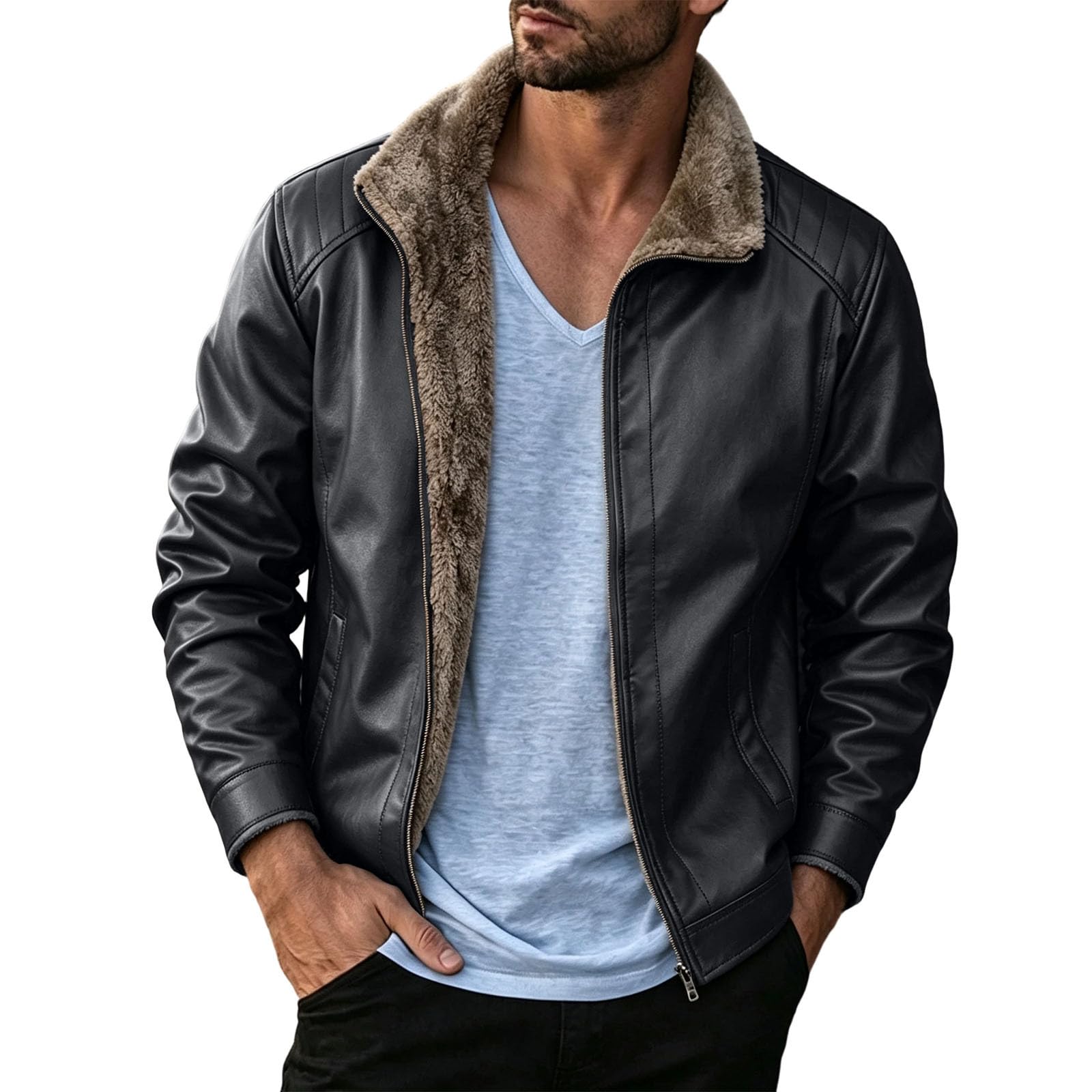 Motorrad Lederjacke Herren Vintage Motorradjacke Fleece Dicke Bikerjacke