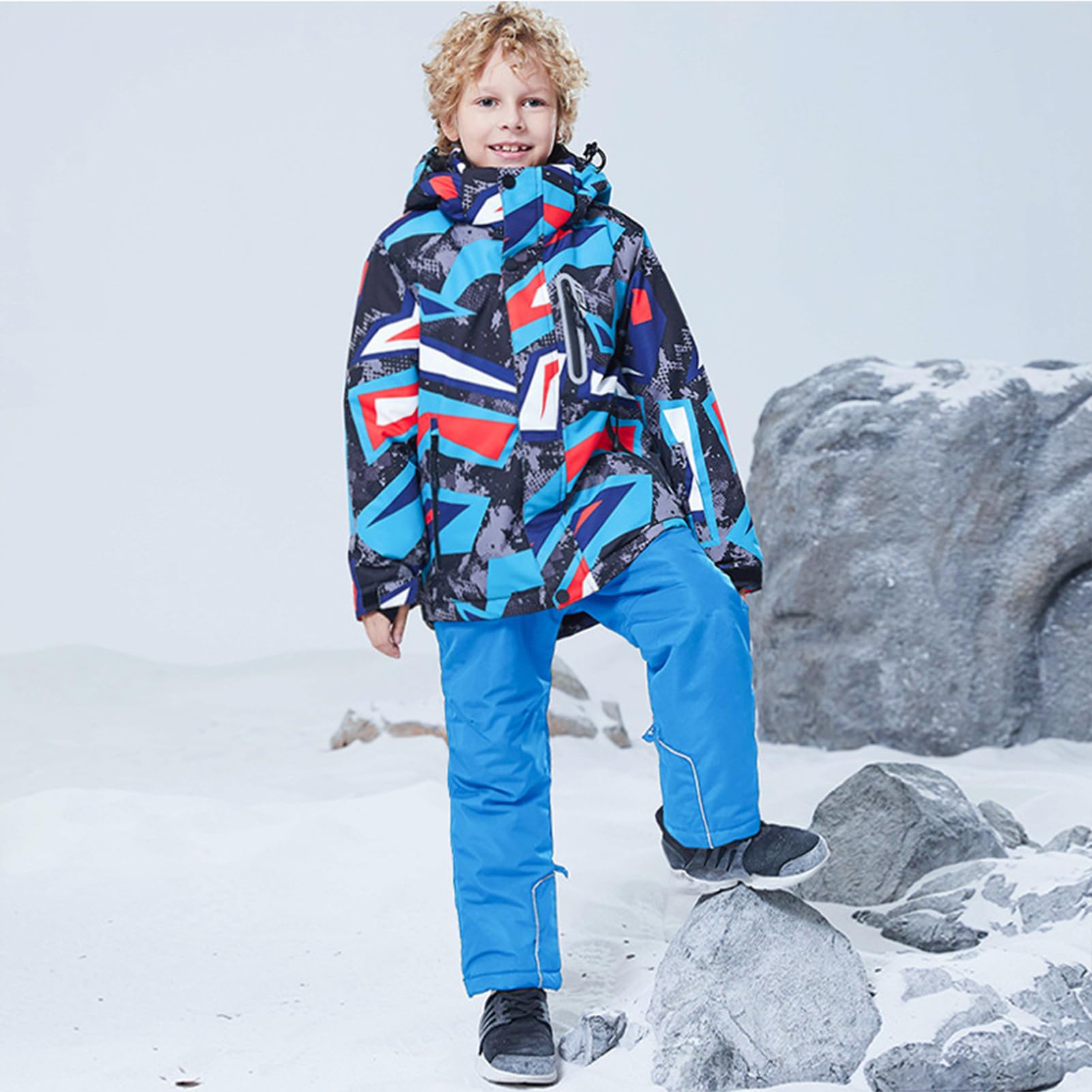Conjunto de traje de esquí infantil de 2 piezas con capucha, traje de nieve impermeable a prueba de viento para niños y niñas, chaqueta de esquí cálida y pantalones de esquí, geométricos y