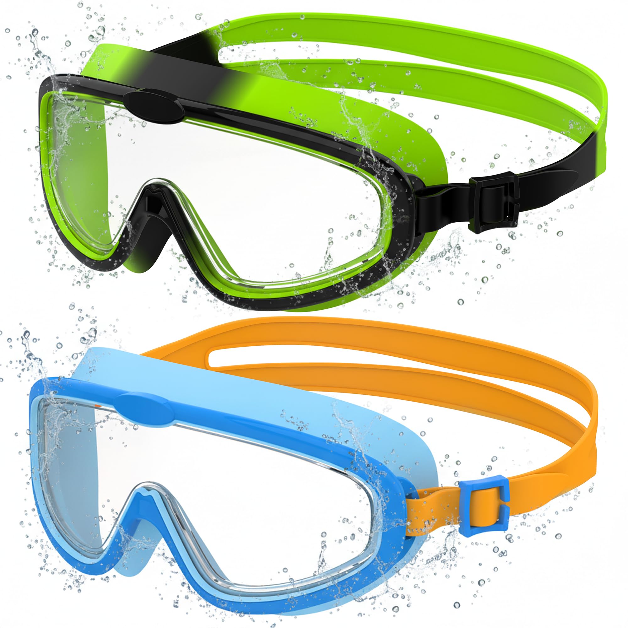 Seaflar 2 Pcs Kinder Schwimmbrille mit Großrahmen, Klare Sicht Anti-Beschlag Taucherbrille, UV-Schutz, Schnellverstellung, Silikon-Dichtring, Unisex Schwimmbrille für Kinder & Jugendliche von 3-14