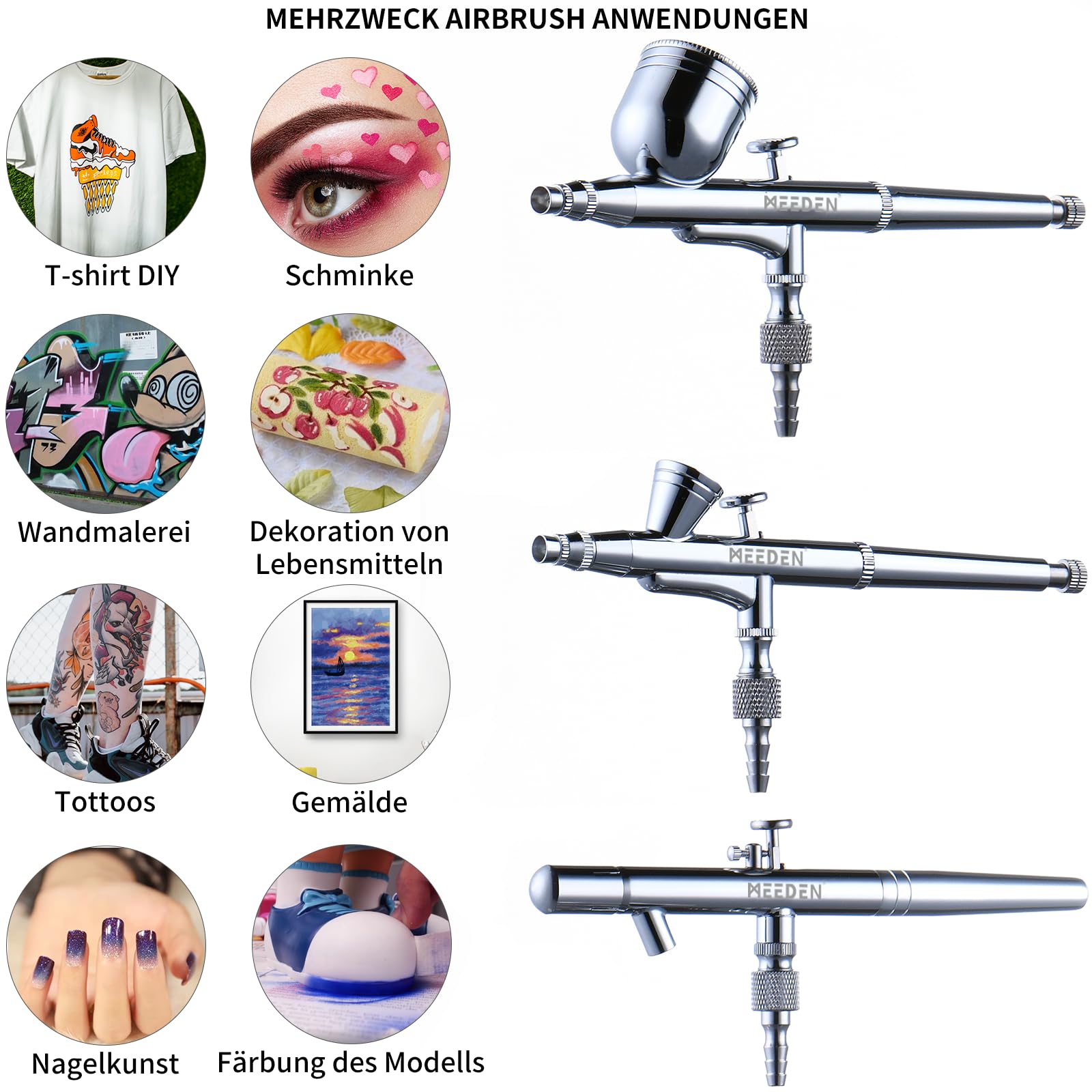 MEEDEN 3 PCS Airbrush Set, 0.25, 0.35, 0.5mm Nadeln vorgerüstet, Dual-Action 2 PCS Schwerkraftzufuhr und 1 PCS Siphonzufuhr, Airbrush Pistolenzubehör für Kunst, Modellbau, Tattoos, Tortendekoration