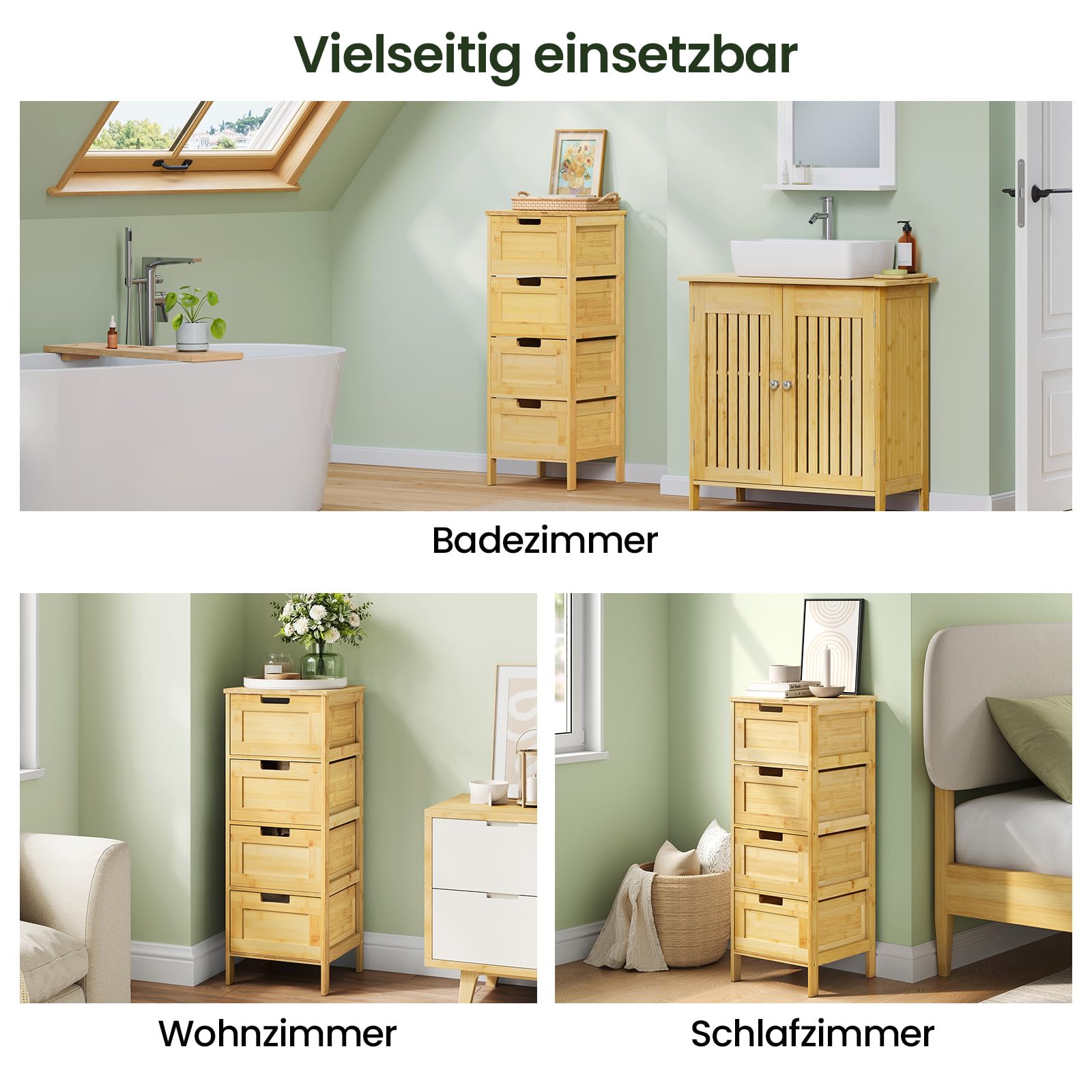 EUGAD Badezimmerschrank, Badschrank Bambus, Badregal mit 4 Schubladen, Badkommode stehend, Beistellschrank für Badezimmer Küche Flur, 30x80x30 cm