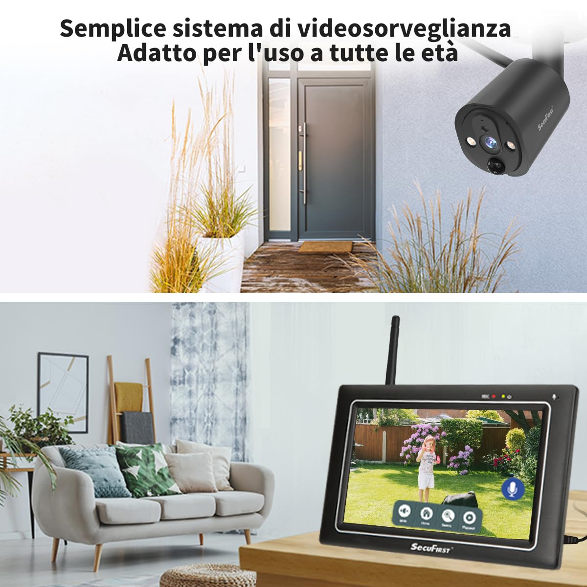 SecuFirst Kit Telecamere Videosorveglianza Esterno,con 7" Monitor Touchscreen NVR, 4X Videocamera Sorveglianza Esterno 2K,Funziona senza Wi-Fi, 64 GB di memoria, Espandibile a 2TB.