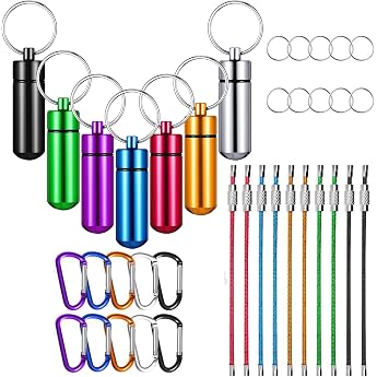 GTIWUNG Pack of 7 Pill Box Key Chain Mini Aluminium Pill Box Key Ring Waterproof Airtight Small Capsule Mini Key Pendant + Coloured Steel Wire Keychain