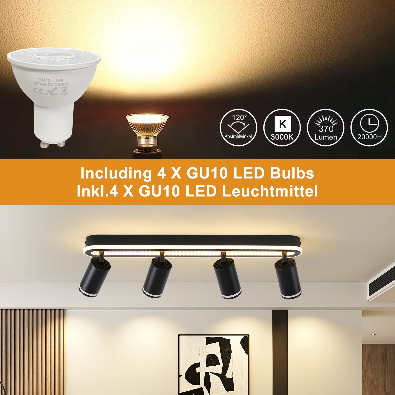 MYCUL Lampara tech 4 llamas orientable 350°,Foco de techo con resplandor inferior 36W+4x5W focos GU10,3000K blanco cálido focos led interior,Lámpara de techo moderna,Foco para cocina,Salón Negro