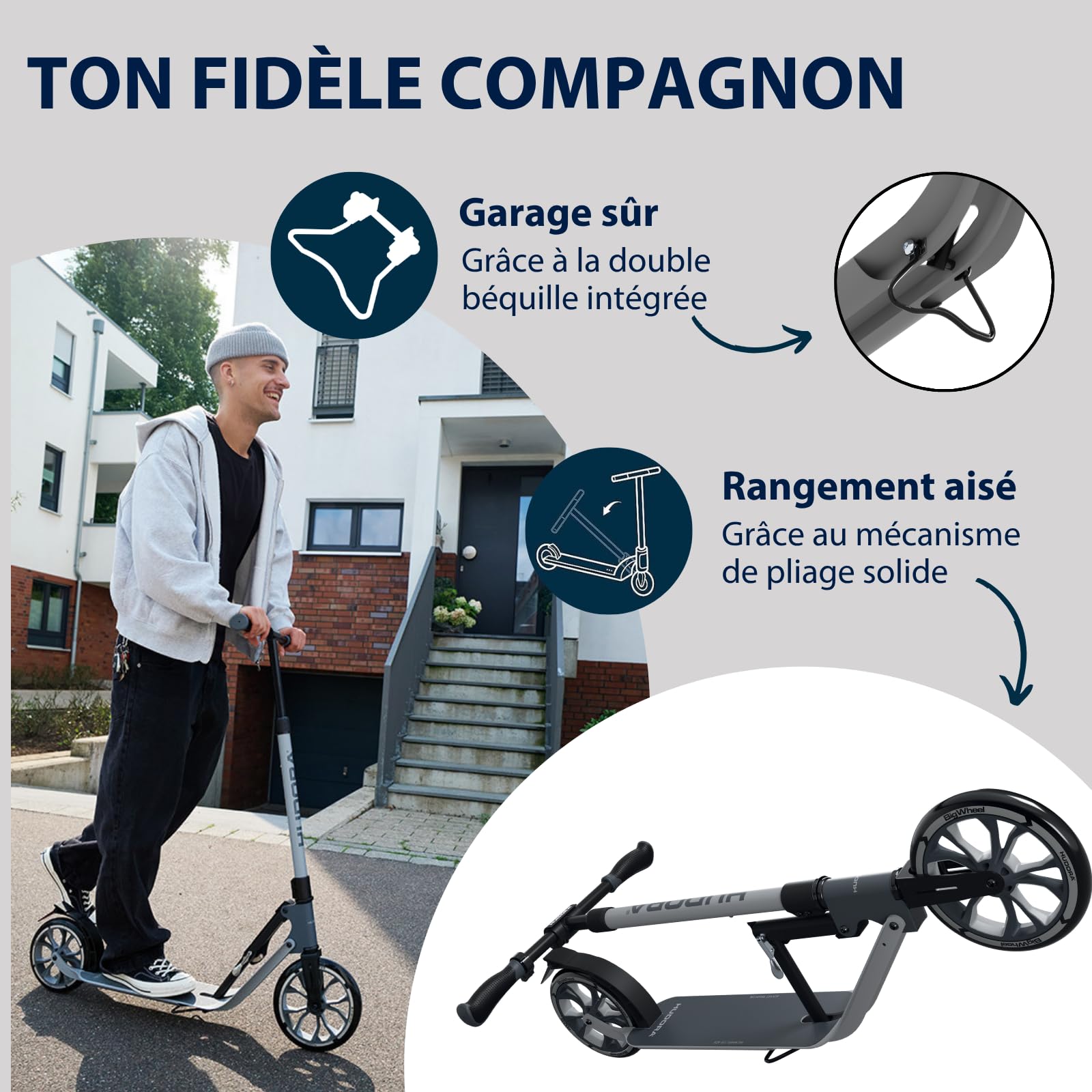 HUDORA BigWheel 230 Advanced Trottinette silencieuse et Pliable en Aluminium pour Enfants Adolescents et Adultes jusqu'à 120 kg