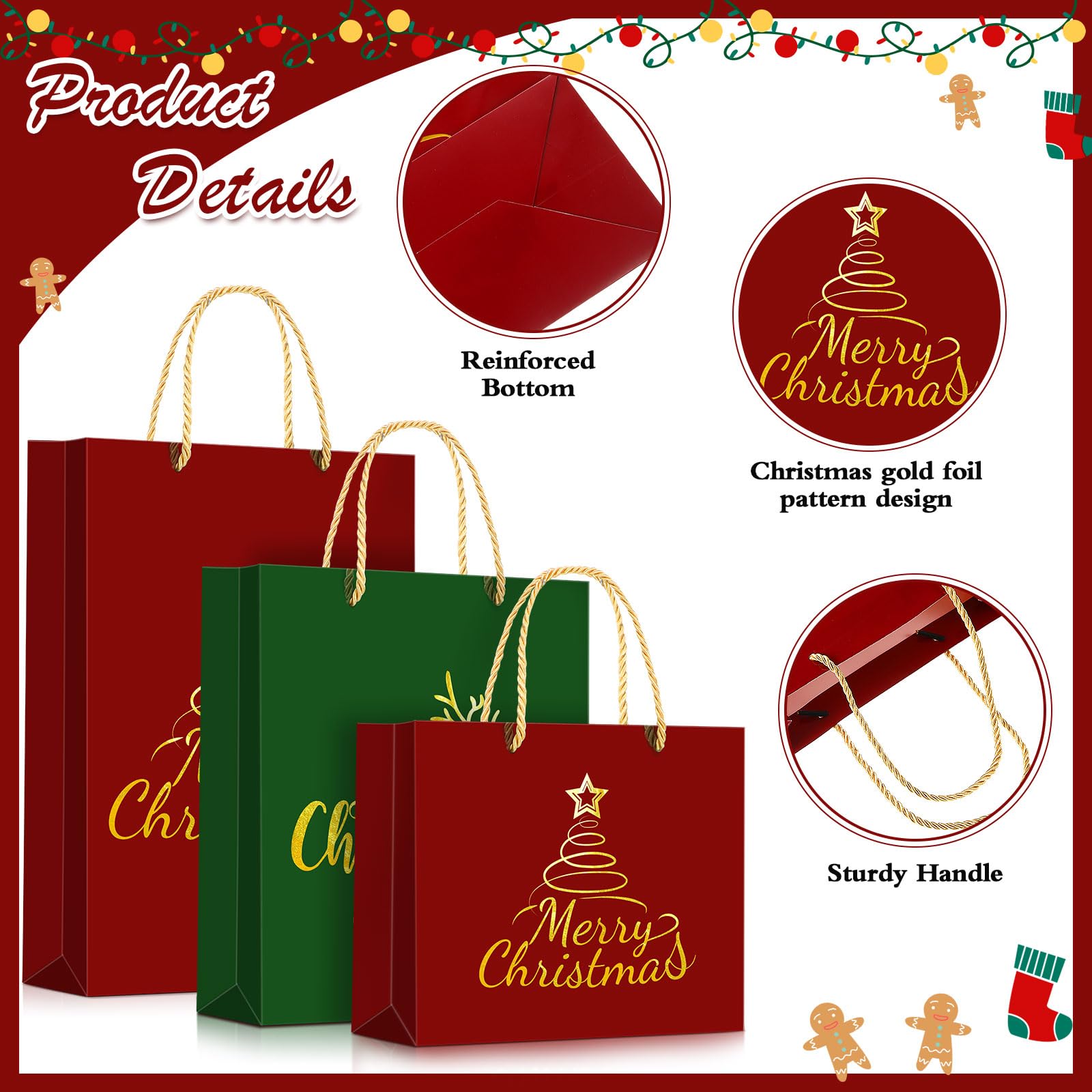 Zhanmai 12 bolsas de regalo de Navidad a granel con diseño de árbol de Navidad, alce, con asas, bolsas de golosinas rojas y verdes, bolsas de regalo de Navidad para invierno, cumpleaños, boda, baby
