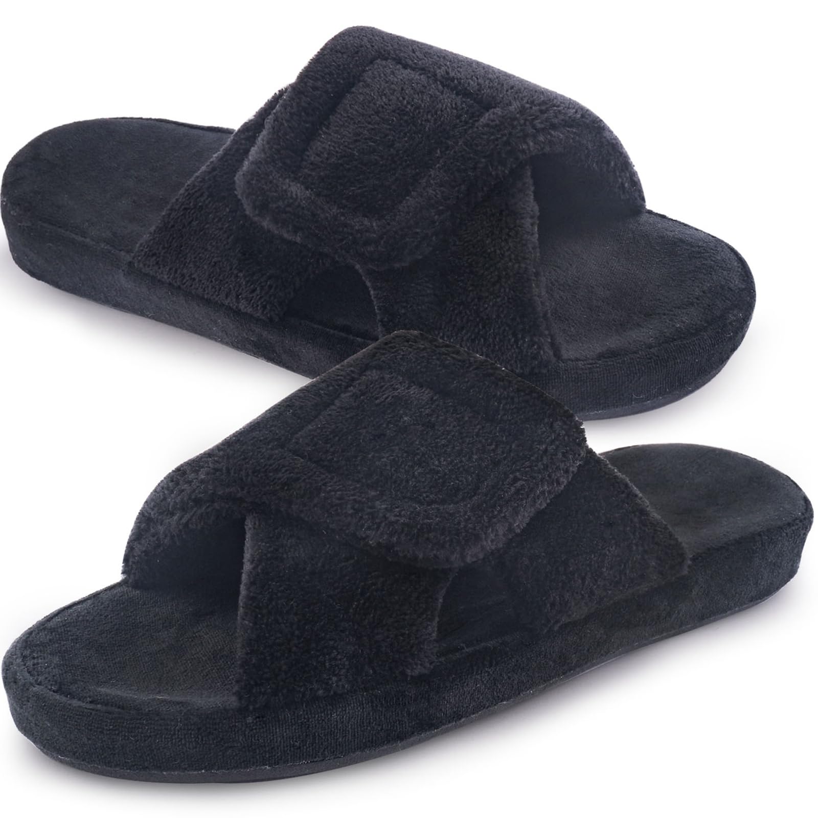 Git-up Dames traagschuim pantoffels met ondersteuning van de boog, verstelbare klittenbandsluiting, diabetici, brede open teen, pantoffels, indoor outdoor, boog zwart, 38 EU