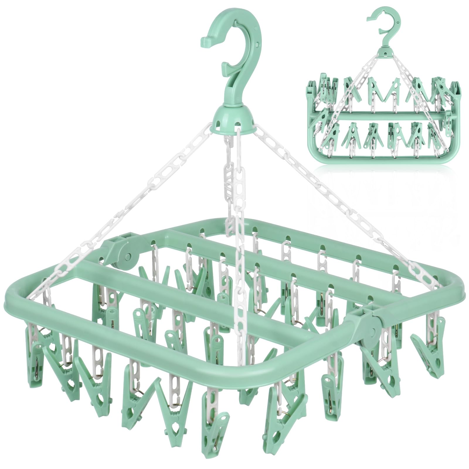 DDhayyp Clothes Drying Hanger | Foldable Hanging Sock Rack with 32 Clips | Sock Hanger for Drying | Multifunction Clothes Pegs for Washing Line for Underwear, Baby Clothes, Hats, Socks (Green)