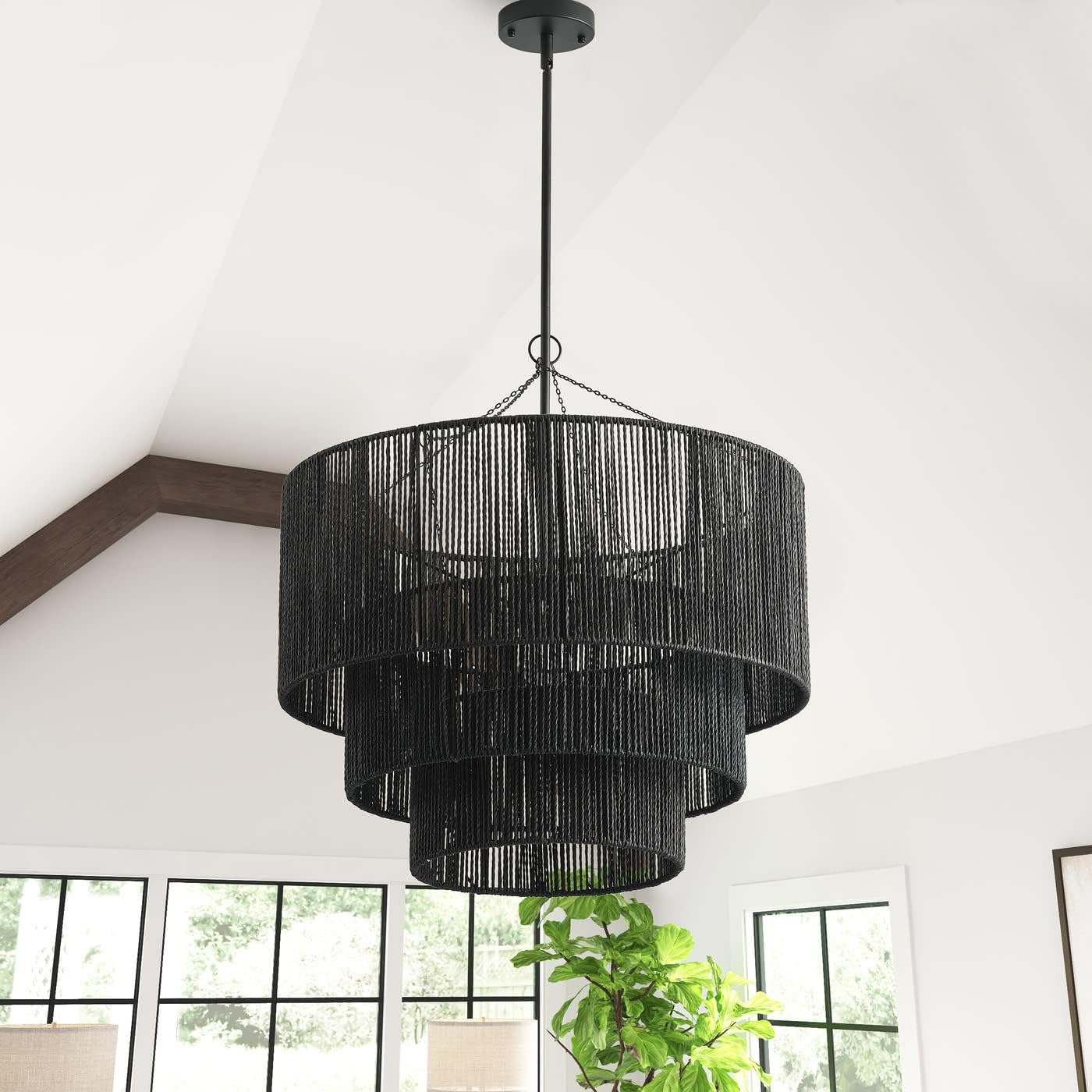 Aiwen Modern Pendant Light Fixtures 27.55 Inch Matte Black Ceiling Pendant Lighting with Hemp Rope Farmhouse Adjustable Chandeliers for Living Room Dining Room E26 Base