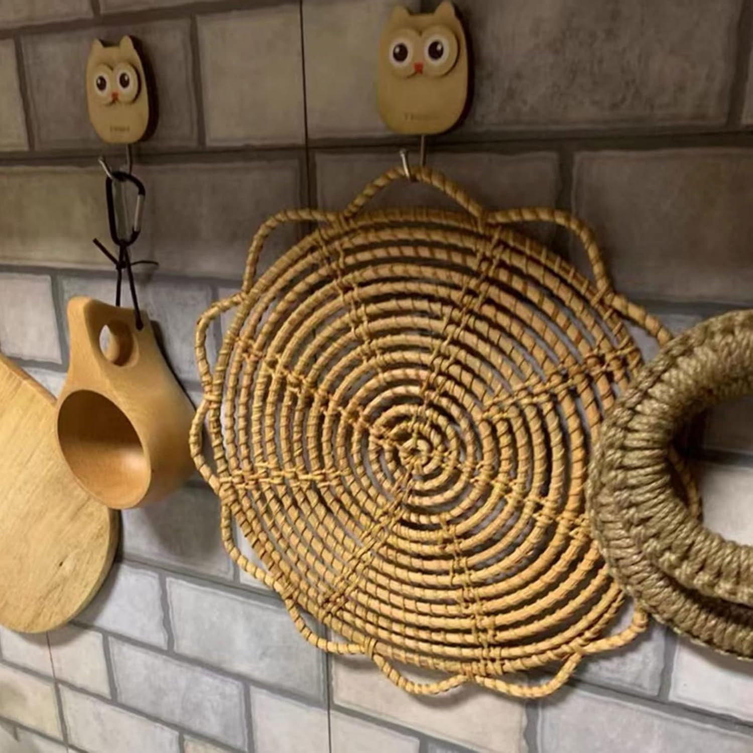 Boho Wall Basket Decor Set: Round Rattan Wall Decor, Hanging Basket, Flat Woven, Flower Shape, Khaki, 13"L x 13"W, Unisex, Indoor, Living Room