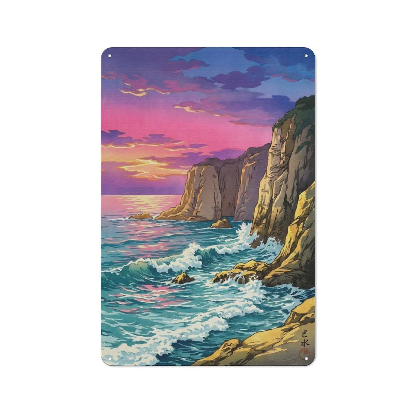 Junmoney Style-17 Coastal Cliff Sunset Painting Rustic Tin Sign 30X20cm For Lounge Or Reading Corner, For Metal Sign Collectors, For Cafés, Pubs And Restaurants