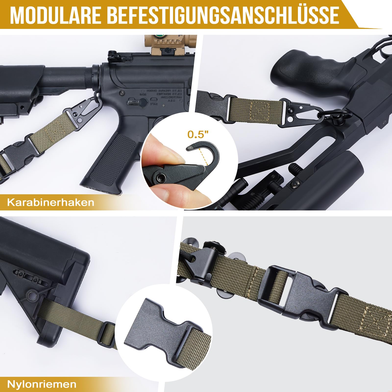 OneTigris 2 Punkt Gewehrriemen, 1 Zoll breiter Sling Riemen mit austauschbaren Karabinerhaken im HK-Stil, einstellbare Länge von 46 Zoll - 68,5 Zoll