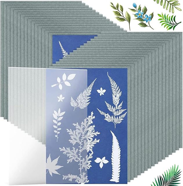 32PCS Cyanotype Paper High Sensitivity Sun Print Paper Nature Printing Paper with PVC Press Plate 15 x 21cm Paper Solar Drawing Paper for Kids and Adults to Arts, Crafts, DIY Projects