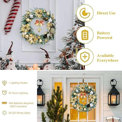 Miniatura 4 de Veryhome Corona de Navidad hecha a mano con agujas de pino de 18 pulgadas con piñas y detalles dorados con luces LED, decoración navideña perfecta