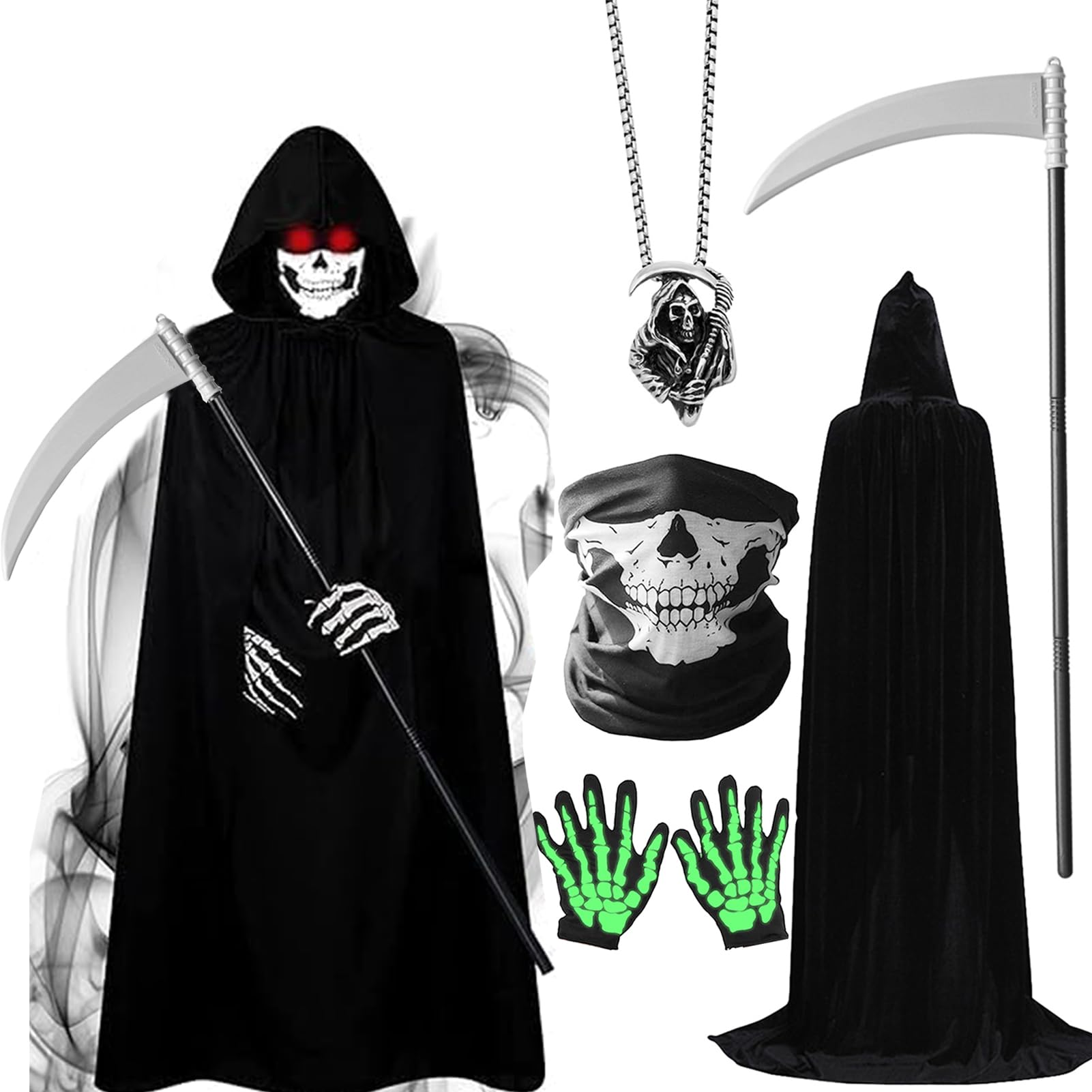 Moerstar Grim Reaper Costume for Kids Black Halloween Costume Set including Cape, Scythe, Hood, Gloves, Scythe Chain