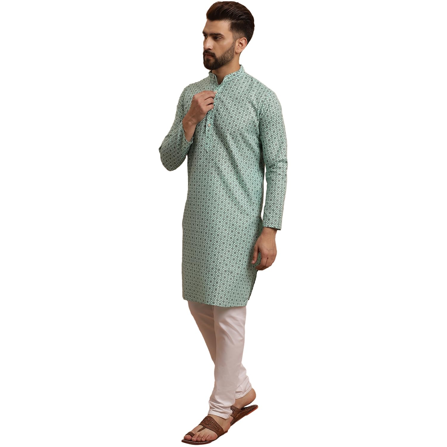 Sojanya (Since 1958 Men's Cotton Linen Sea Green Kurta And White Pyjama With Orange Cotton Nehru Jacket