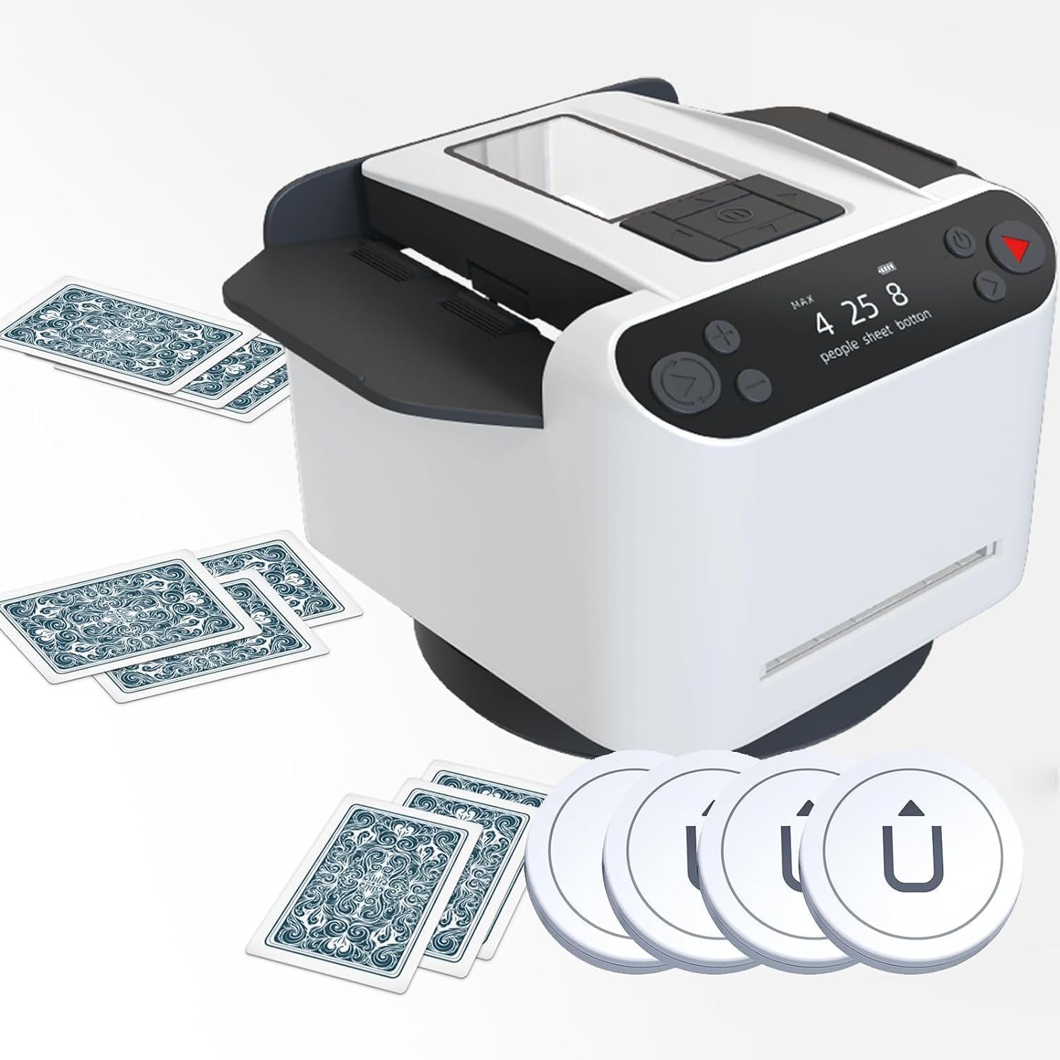 Automatic Card Shuffler & Dealer Machine 360ยฐ Rotating Card Dealer with 4 Wireless Dealer Buttons, Rechargeable Card Dealing & Shuffing Machine for UNO, Blackjack, Texas Hold'em WHITE
