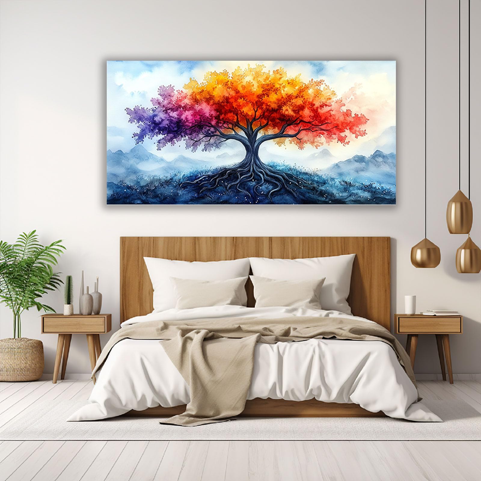TERUEA Vintage Blumenkunst Poster, Farbverlauf Baum Aquarell Berg Kunst Leinwand Wanddekoration für Wohnzimmer, Schlafzimmer, Badezimmer, Büro, Flur, Küche, geeignet(Multi)-40x80cm1 Gerahmt